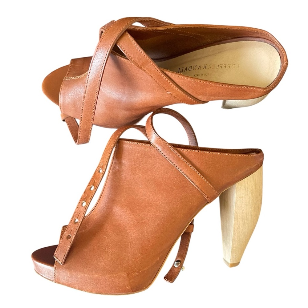 🤎 Loeffler Randall Shoes Cognac Leather Peep-Toe Heels Straps Wood Curved Boho